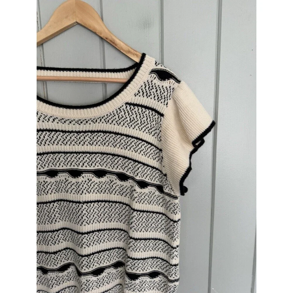 Baltic Born Herriman Knit Top 1X Black White Flutter Short Sleeves Fair Isle - Picture 2 of 7
